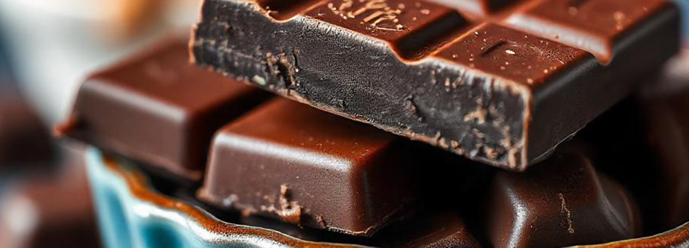 Rich and decadent chocolate bars displayed in a rustic blue ceramic bowl.