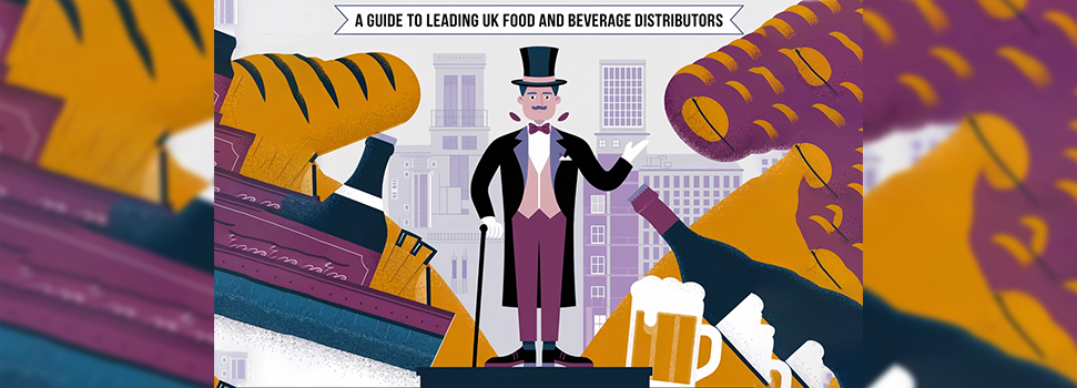 Guide to leading UK food and beverage distributors with creative illustration of food items and a gentleman