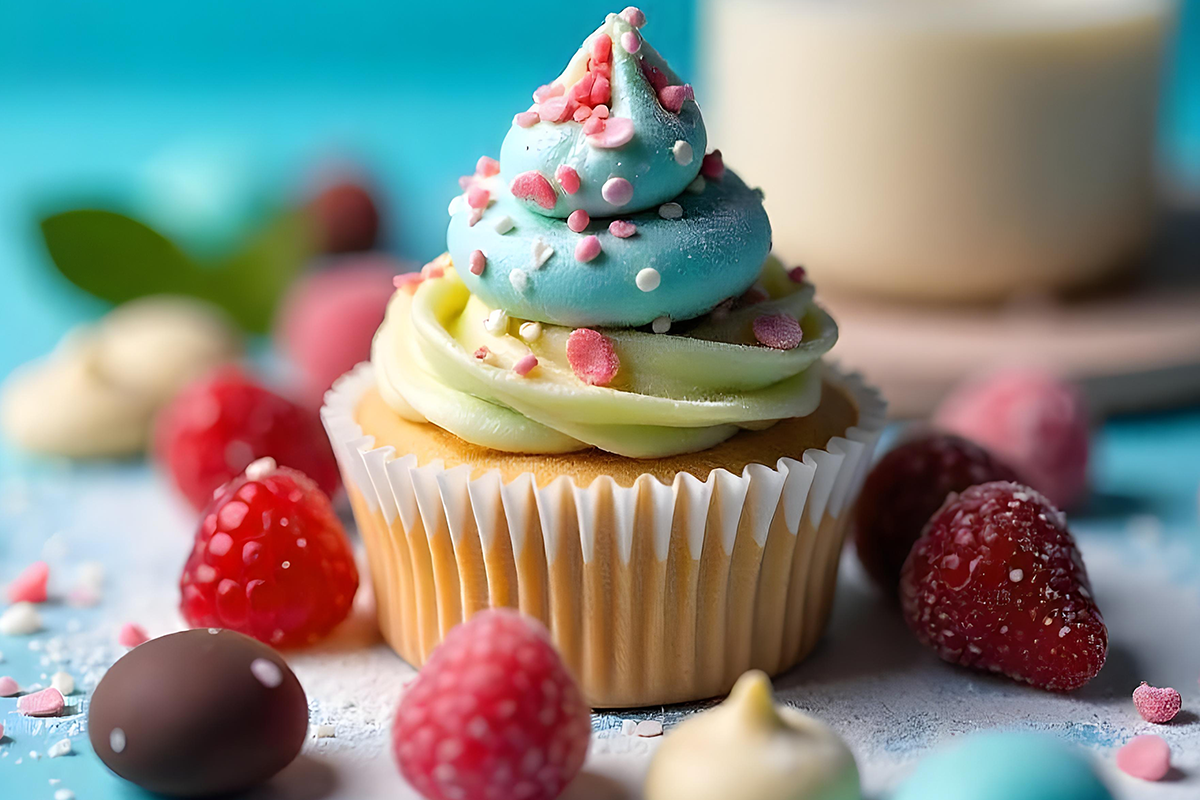 A colourful and festive cupcake topped with icing and surrounded by fresh berries and chocolates.