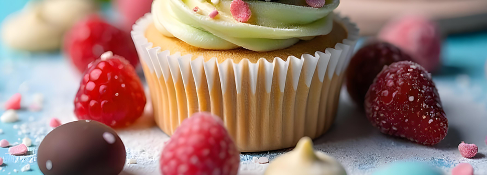 A colourful and festive cupcake topped with icing and surrounded by fresh berries and chocolates.