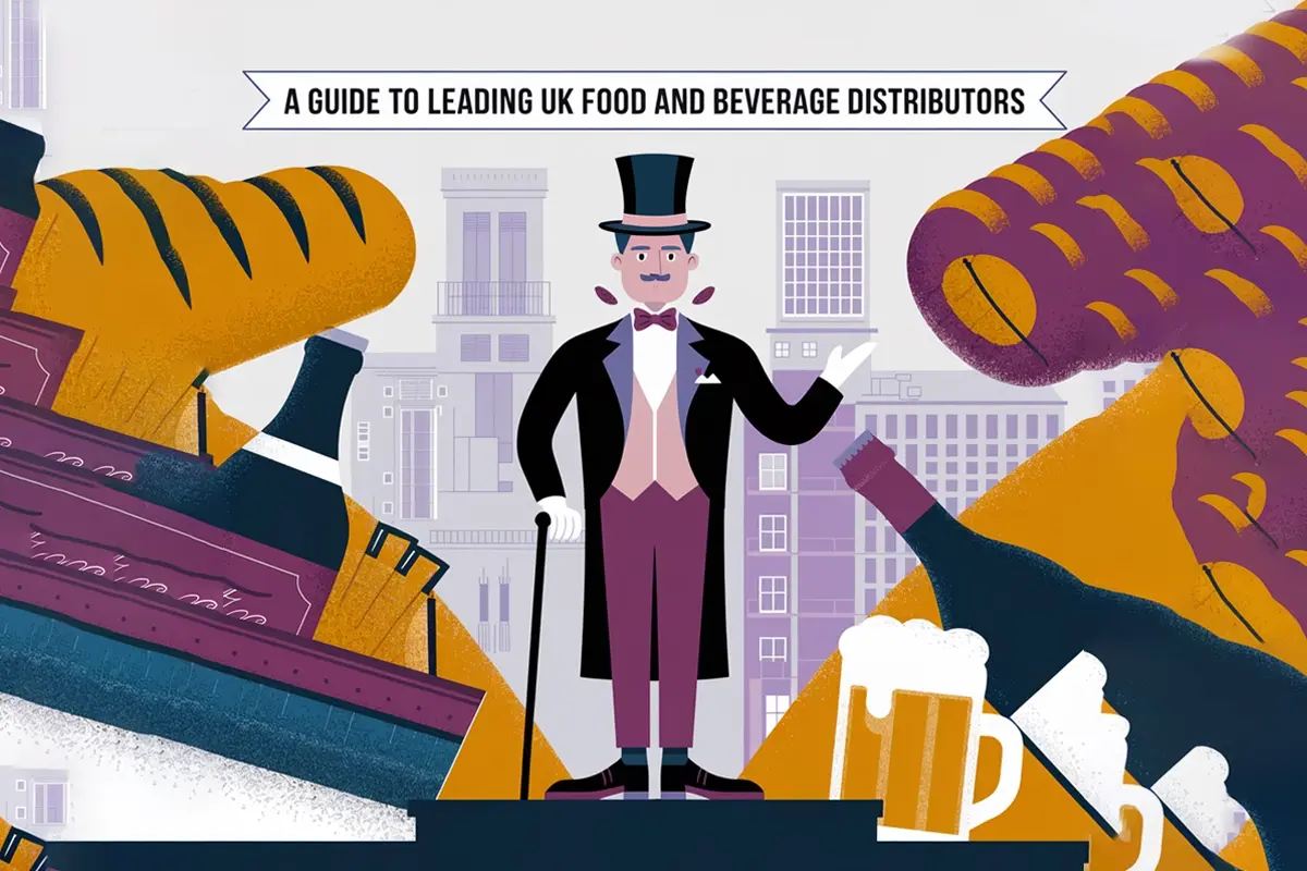 Guide to leading UK food and beverage distributors with creative illustration of food items and a gentleman