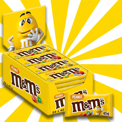 Peanut M&M's packs with vibrant yellow packaging, displayed in a colorful stand featuring the iconic M&M's character