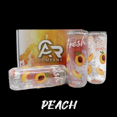 Fresh Peach drink cans showcasing juicy peach imagery with elegant AR Company packaging.