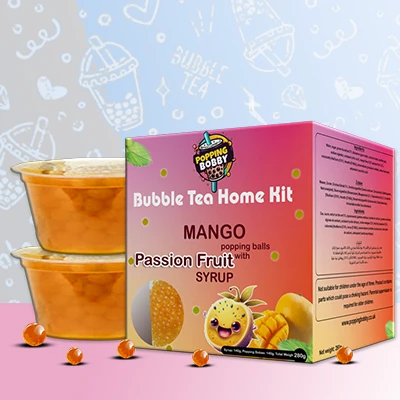 Popping Bobby Bubble Tea Home Kit with Mango Popping Balls and Passion Fruit Syrup, perfect for a fruity DIY bubble tea treat.