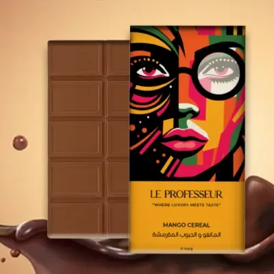 Le Professeur Mango Cereal chocolate bar with vibrant artistic packaging and rich flavor.