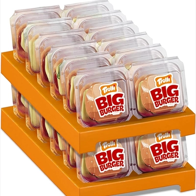 Trolli Big Burger gummy candy displayed in individual plastic cases on a shelf-ready tray.
