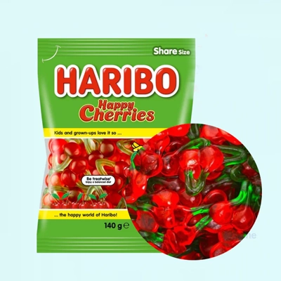 Haribo Happy Cherries candy pack featuring vibrant cherry-shaped gummies in share size.