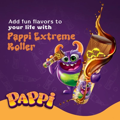 Pappi Extreme Roller candy with vibrant packaging and a playful monster mascot adding fun flavors