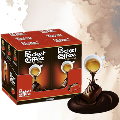 Box of Pocket Coffee Espresso showcasing rich chocolate and espresso-filled treats with a cup of coffee.