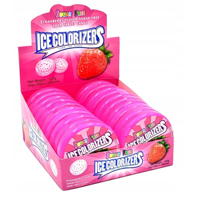 Display of Ice Colorizers sugar-free sour candy with strawberry flavor in bright pink packaging