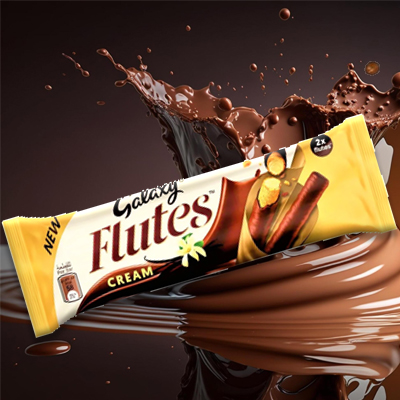 Galaxy Flutes Cream chocolate bar with rich cream filling, highlighted against a splash of melted chocolate