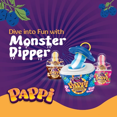 Pappi Monster Dipper candy featuring fun dipping flavors in colorful and playful packaging.