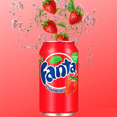 Fanta Strawberry can with vibrant red design, fresh strawberries, and sparkling splashes.