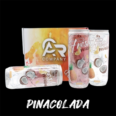 Fresh Pina Colada drink cans featuring tropical coconut and pineapple visuals with AR Company branding.