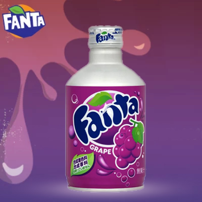 Fanta Grape aluminum bottle featuring bold purple design and juicy grape illustrations.