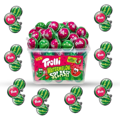 Trolli Watermelon Splash candies in a fun tub featuring juicy watermelon-shaped treats.