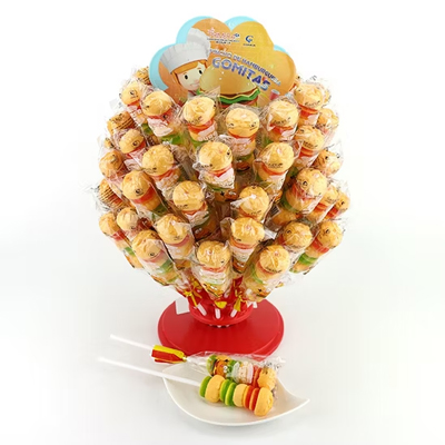 Display stand of burger-shaped gummy lollipops arranged in colorful and fun packaging.