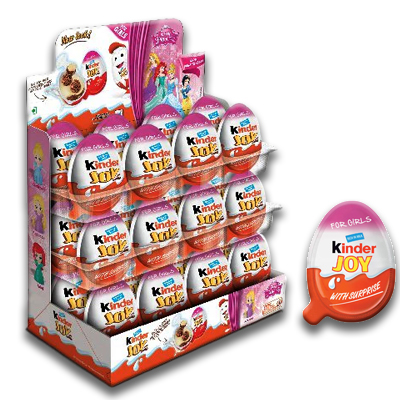 Kinder Joy eggs for girls, featuring a surprise toy inside, presented in a vibrant and themed display box.
