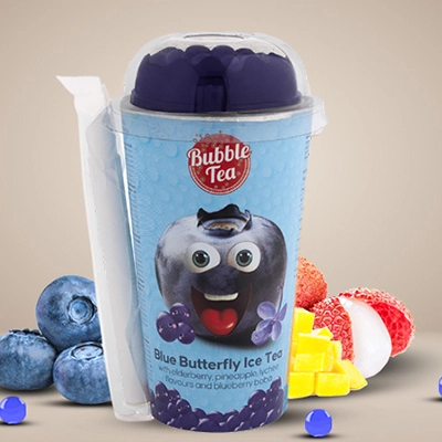 Bubble Tea Blue Butterfly Ice Tea with elderberry, pineapple, lychee flavours, and blueberry boba, offering a unique and refreshing blend in every sip.