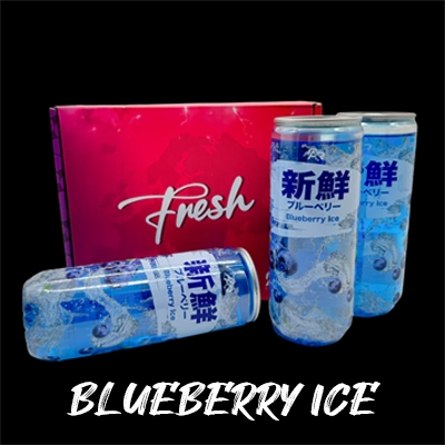 Blueberry Ice drink cans with a refreshing design, paired with vibrant pink 'Fresh' packaging.