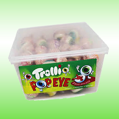 Trolli Popeye gummy candies stored in a transparent container with a fun eyeball design label.