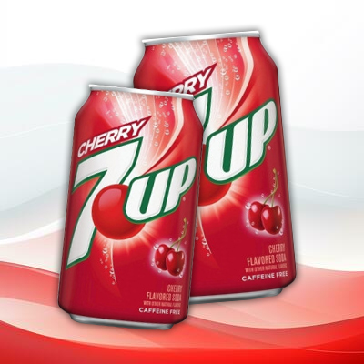 Refreshing Cherry 7UP can with bold cherry flavor and fizzy bubbles.