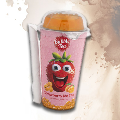 Bubble Tea Strawberry Ice Tea with mango boba, featuring a cheerful strawberry-themed design.