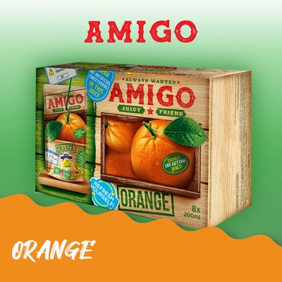 Amigo Orange Juice packaging highlighting fresh, vibrant oranges with a natural wooden design.