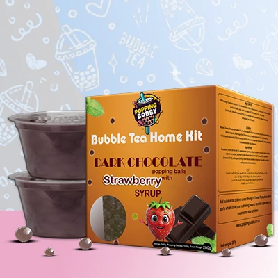 Popping Bobby Bubble Tea Home Kit with Dark Chocolate Popping Balls and Strawberry Syrup for a rich and fruity DIY bubble tea experience.