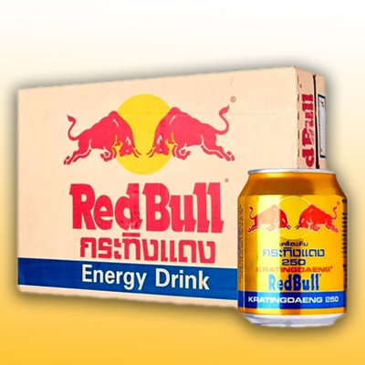 Red Bull Energy Drink can and packaging featuring the iconic red bull logo and vibrant yellow design.
