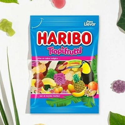 Haribo Tropifrutti candy pack featuring tropical fruit-shaped gummies with vibrant and colorful packaging.