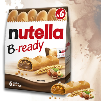 Nutella B-ready box showcasing crispy wafer bars filled with creamy hazelnut spread and crunchy bits.