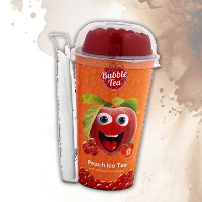 Bubble Tea Peach Ice Tea with strawberry boba, featuring a vibrant peach-themed design.