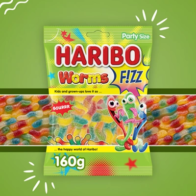 Haribo Worms Fizz candy pack featuring colorful sour gummy worms with a playful design