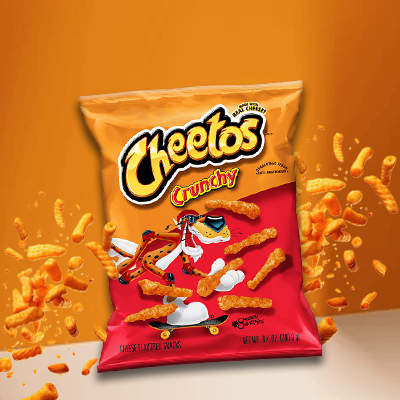 Bag of Cheetos Crunchy snacks with vibrant cheese curls bursting around the packaging.