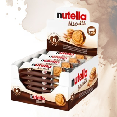 Display box of Nutella Biscuits featuring individually packed creamy hazelnut-filled treats.