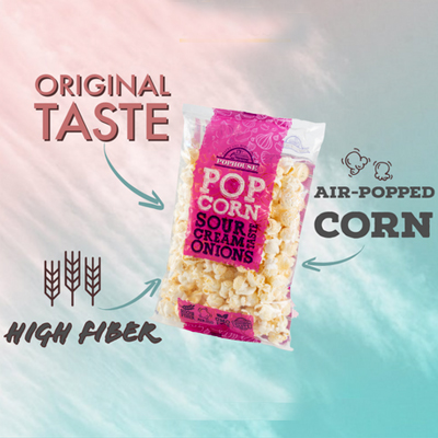 Bag of air-popped Sour Cream & Onion Popcorn emphasizing original taste and high fiber content.