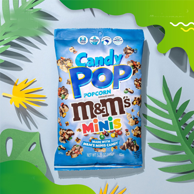 Bag of Candy Pop Popcorn M&M's Minis surrounded by colorful tropical-themed elements.
