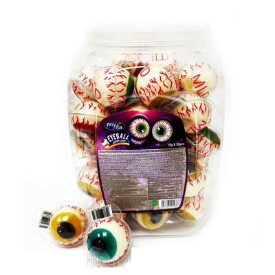 Jar of Profisa Eyeball Gummy Candy with detailed, spooky eyeball designs and colorful fillings.