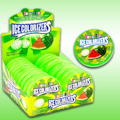 Display of Ice Colorizers sugar-free sour candy with watermelon flavor in vibrant green packaging.