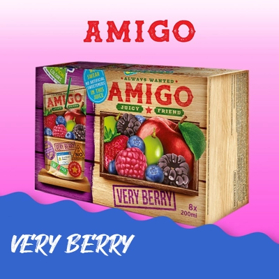 Amigo Very Berry Juice packaging featuring a vibrant mix of berries and apples with a rustic wooden design.