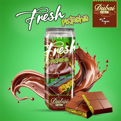 Fresh Pistachio Dubai Edition vegan drink can be surrounded by rich chocolate and pistachio visuals.