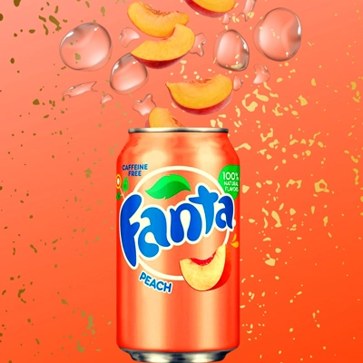 Fanta Peach can with vibrant orange design, juicy peach slices, and refreshing splashes.