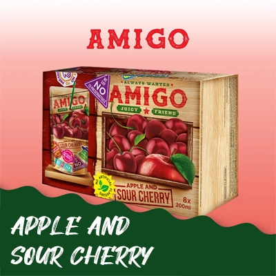 Amigo Apple and Sour Cherry Juice packaging featuring bold cherry imagery and rustic wooden accents.