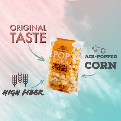 Bag of air-popped Cheddar Cheese Popcorn highlighting original taste and high fiber content.