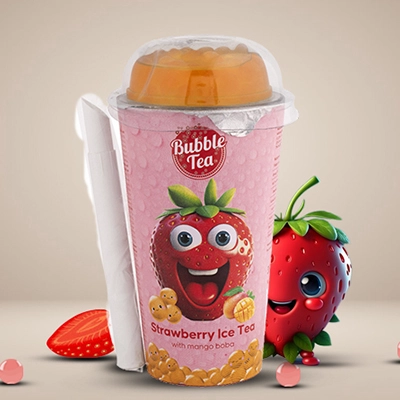 Bubble Tea Strawberry Ice Tea with mango boba, featuring vibrant strawberry flavours and a playful packaging design.