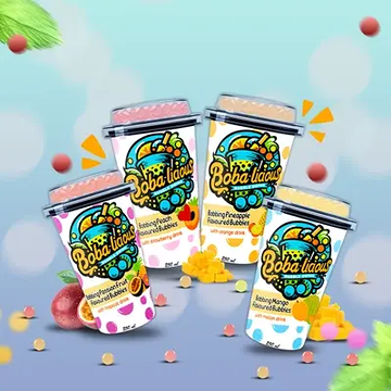 An assortment of four Boba-licious bubble tea cups featuring vibrant flavou rs in a playful design.