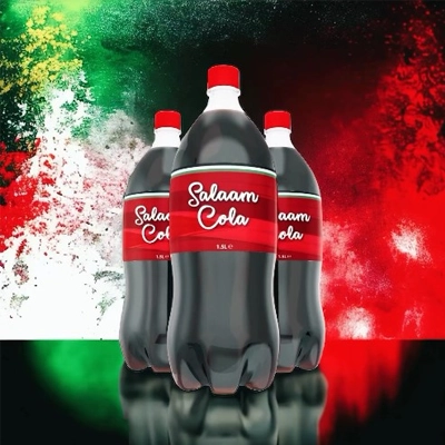 Salaam Cola 1.5L bottles with bold red labels, set against a vibrant tricolor background.