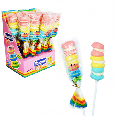 Display of colorful Macaroon gummy lollipops featuring stacked pastel candies on sticks.