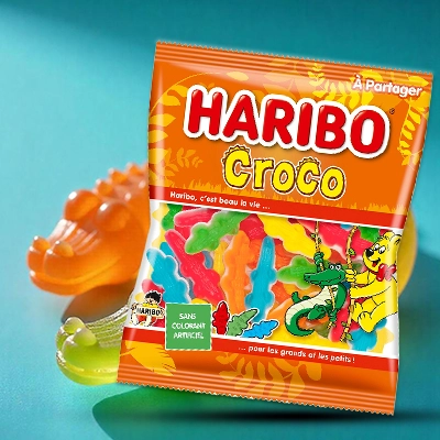 Haribo Croco candy pack featuring colorful gummy crocodiles with a fun and vibrant design.